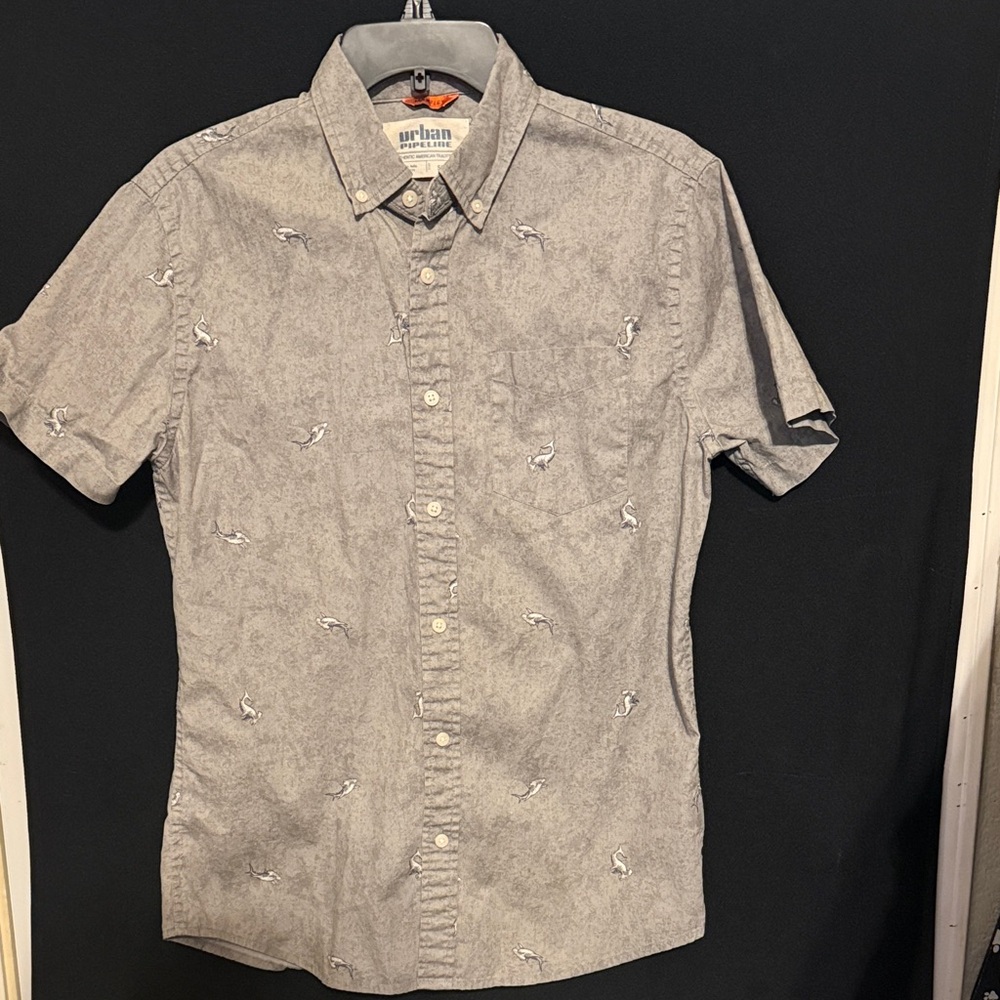 Urban Pipeline Hammerhead Shark Design Light Gray Casual Button Down Shirt